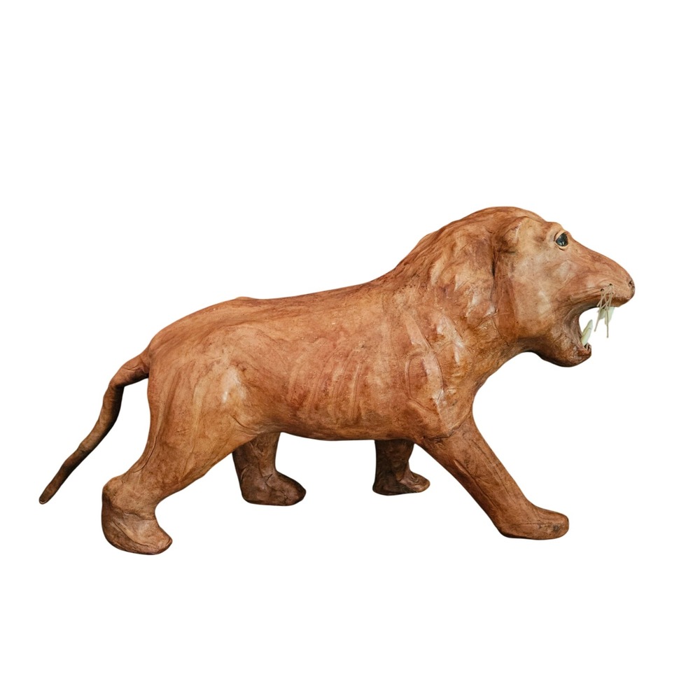 Vintage Leather looking Lion Sculpture‎ Folk Art Animal Figurine Decor